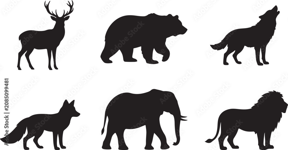 Fototapeta premium Wild Animal Silhouettes, Black Icons, Vector Set of 7 Animals, Wildlife Symbols