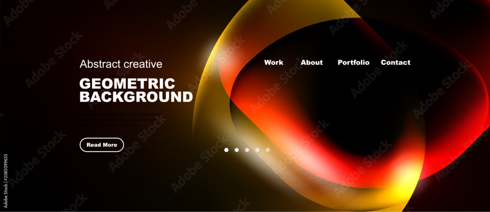 Naklejka premium Dark background features vibrant orange, yellow curves. Website header includes navigation options, text elements. Modern design.