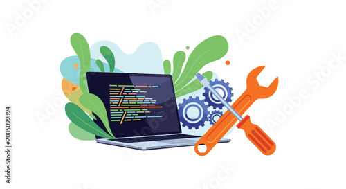 Laptop computer displaying code on screen surrounded by orange wrench, screwdriver, and gears for software development and repair.