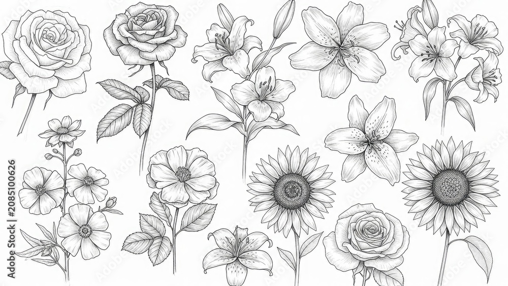 Fototapeta premium Delicate floral sketches of roses, lilies, sunflowers, and daisy-like blooms