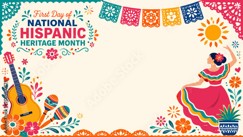First day of national hispanic heritage month. Colorful Hispanic Heritage Month background banner featuring a traditional Mexican dancer, guitar, maracas, and floral designs