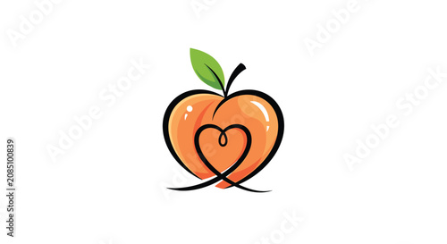Minimalist peach fruit logo with a black heart shaped line drawing and a green leaf representing health and love for organic food.