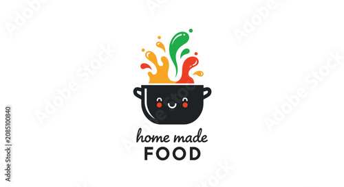 Creative logo for home made food featuring a happy black cooking pot with colorful splashes of orange, green, and red sauce symbols.