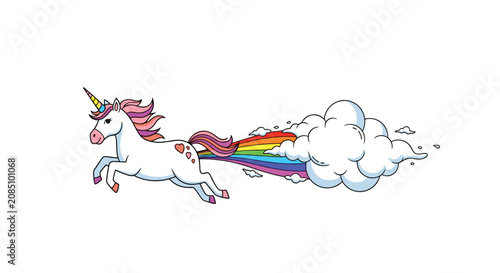 Magical white unicorn with a pink mane flying through the air leaving a colorful rainbow and cloud trail on a white background for kids.