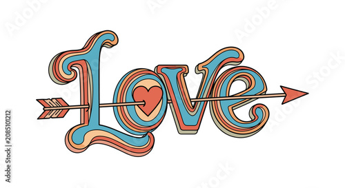Retro style Love typography with a layered colorful design featuring a heart and an arrow on a white background for romance cards.