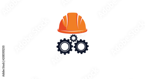 Orange construction hard hat above three interlocking black gears representing industry, engineering, and labor concept graphics.