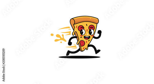 Fast running pizza slice character with pepperoni and melting cheese in a retro cartoon style for food delivery promotion designs.