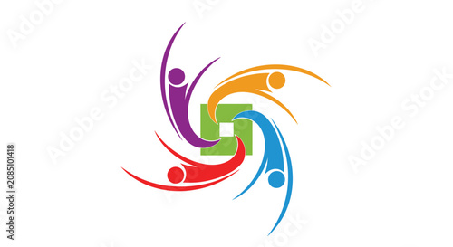 Abstract logo design featuring four colorful figures in purple, orange, blue, and red reaching towards a central green square symbol.