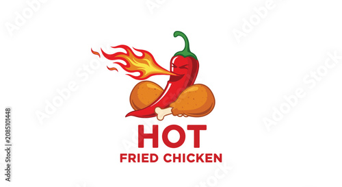 Spicy hot fried chicken logo featuring two drumsticks and a red chili pepper breathing fire for a restaurant branding design.