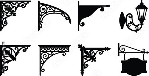 Tableau sur toile Set of forged vintage brackets street lantern and hanging signboard silhouettes