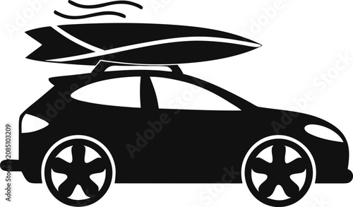 Tableau sur toile Car, surfboard on roof, vehicle silhouette, transportation icon, recreational tr