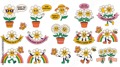 Bild auf Leinwand Groovy retro flower characters with positive messages.