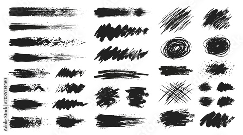 A collection of various black brush strokes and marks on a white background