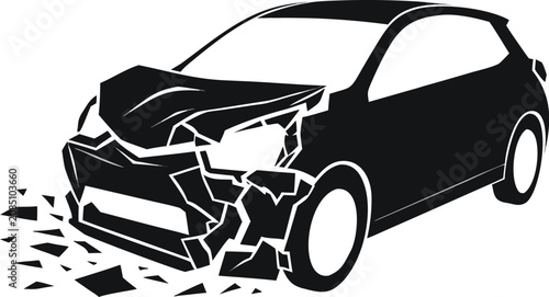 Quadro su tela Damaged car, crashed vehicle, broken windshield, smashed bumper, black silhouett
