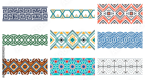 Vibrant geometric patterns adorn decorative borders and frames on a white background