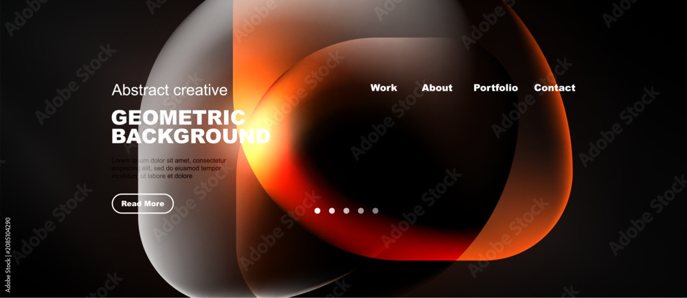 Fototapeta premium Dark background features abstract geometric shapes, orange gradients, text elements, navigation menu. Modern design for website header or banner.
