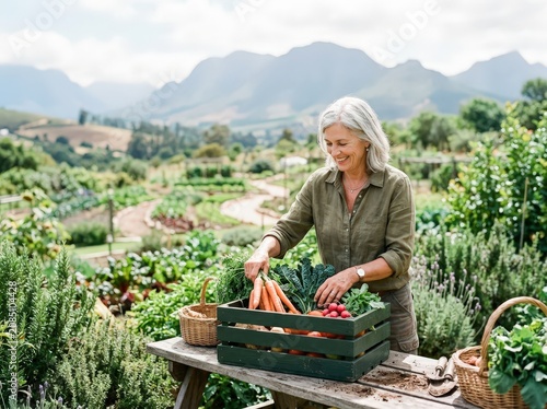 Smiling mature woman harvesting fresh organic vegetables sustainable agriculture garden field