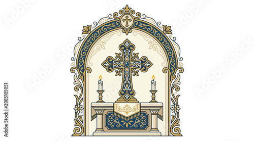 Quadro em tela Ornate cross on altar with candles.