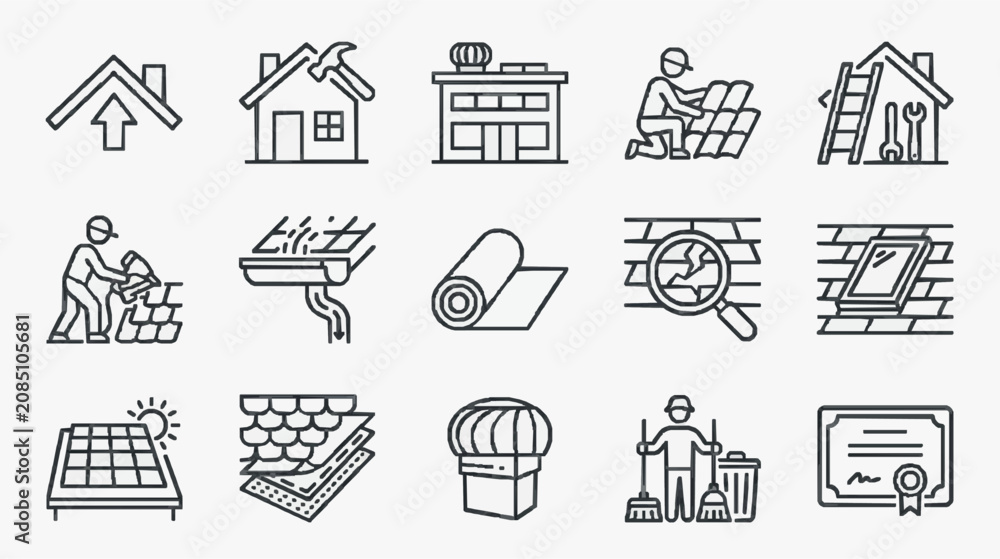 Fototapeta premium Minimalist Black and White Line Icons Set Featuring Construction Renovation and Home Improvement Activities