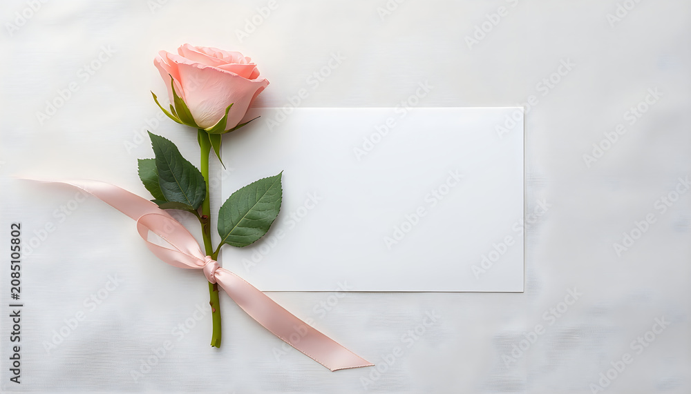 Fototapeta premium Pink rose flower with a blank card and ribbon illustration
