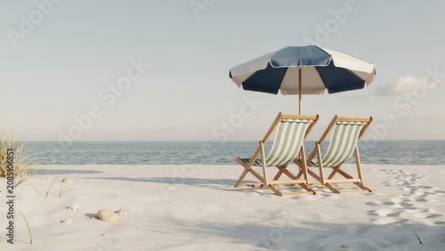 Two striped beach chairs sit under a blue and white umbrella
