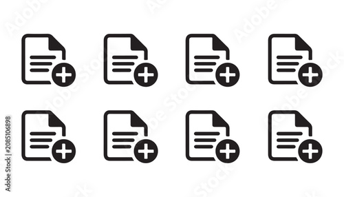 File addition icons set featuring paper documents with plus symbols for database and archive systems.