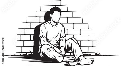 Homeless man sitting on street near brick wall begging for money with empty bowl in hand silhouette illustration for social awareness concepts.