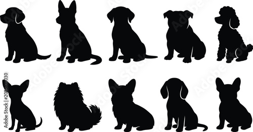 Sitting dog silhouettes set showing various pet breeds in different poses.