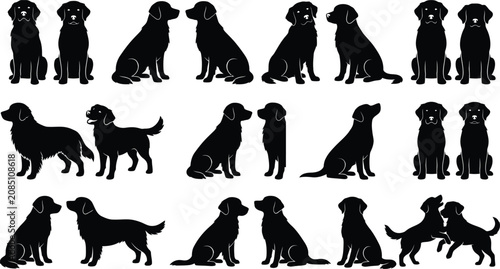Fotografie Set of black dog silhouettes in different poses and actions.