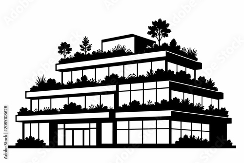 Modern Green Building with Rooftop Garden Silhouette