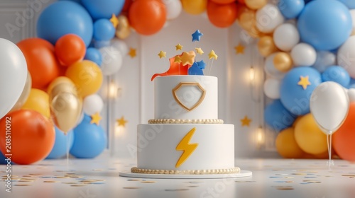 Bright Superhero Birthday Party Cake with Colorful Decorations and Balloons