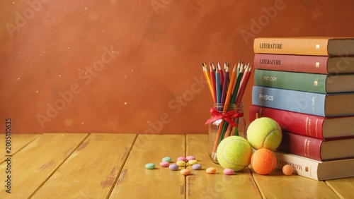 Stack of colorful educational books with pencils and tennis balls