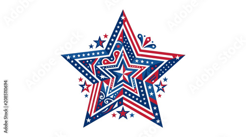 Patriotic star illustration with red white and blue ornaments and stripes