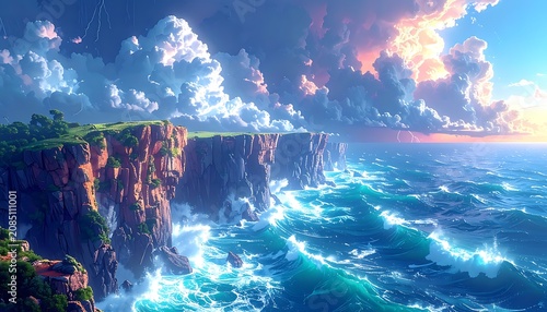 A serene ocean landscape with rugged cliffs and vibrant clouds