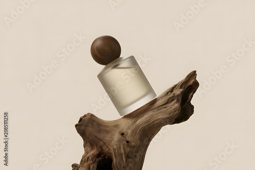 Minimalist perfume glass bottle with wooden cap resting on piece of driftwood