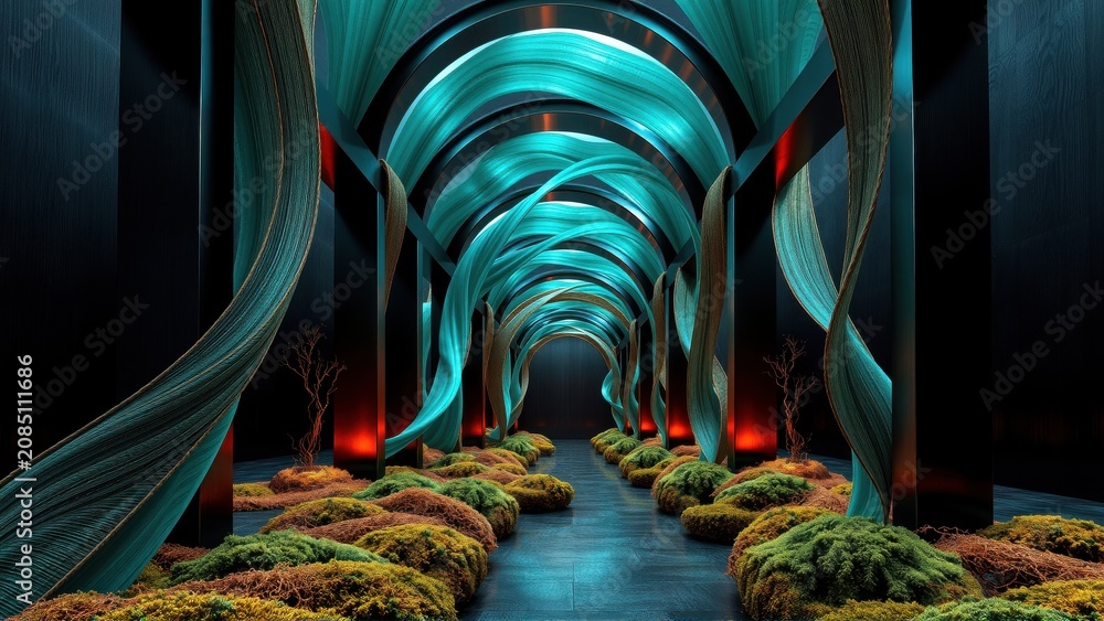 Fototapeta premium Tunnel features flowing blue ribbons, mossy ground. Dramatic lighting creates depth, perspective. Minimalist trees punctuate space.