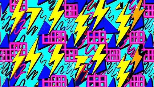 A pattern of pink and blue houses with lightning bolts