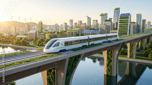Futuristic hydrogen powered train traveling on elevated track through eco friendly green city with sustainable architecture