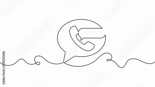 Telephone receiver single line drawing animation with messaging bubble on white background representing customer service chat or helpline support