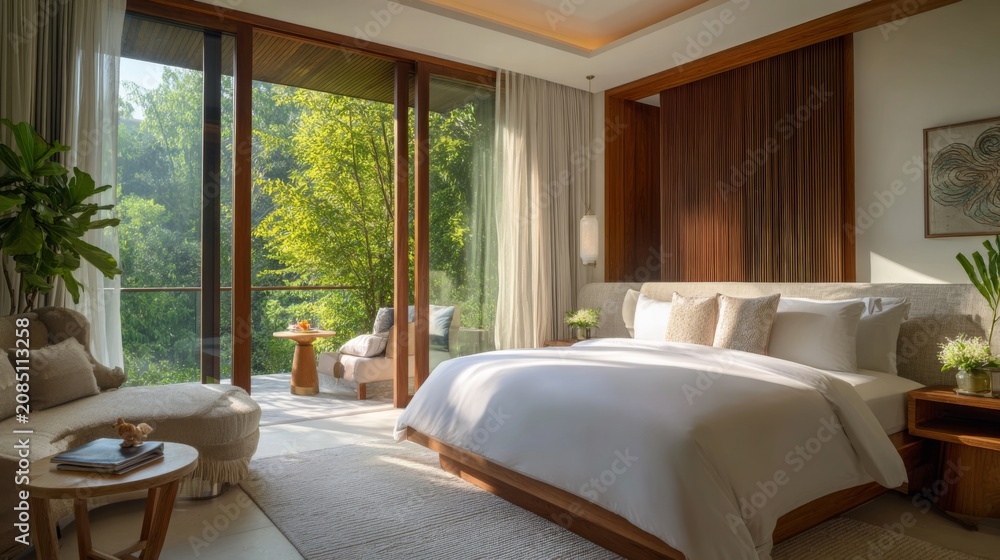 Fototapeta premium Modern bedroom interior design featuring natural light, greenery, and elegant furnishings for a peaceful retreat