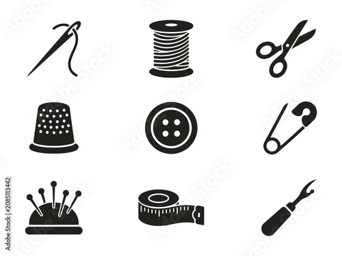 Bild auf Leinwand Set of black sewing and tailoring icons including needle thread scissors button