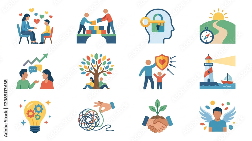 Fototapeta premium Collection of Icons Representing Business Concepts and Human Interaction.