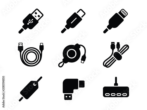 Foto Set of black electronic cable connector and charging port icons for technology a