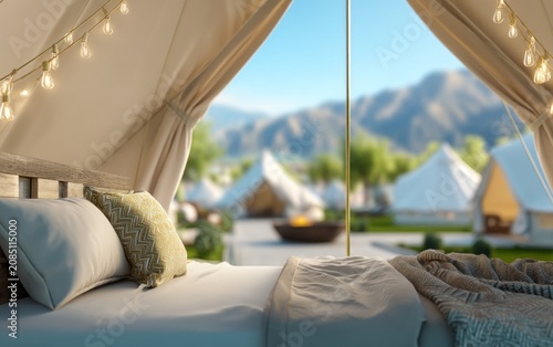 Luxurious Outdoor Canvas Tent Interior with Scenic Mountain View
