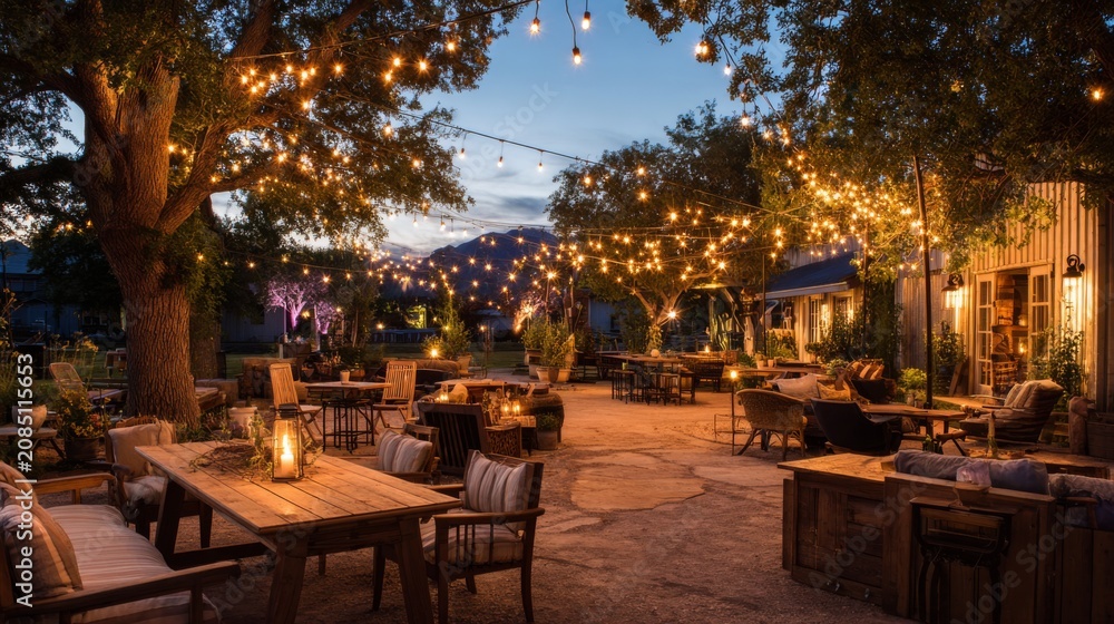 Obraz premium Cozy outdoor evening dining area with string lights illuminating a relaxed garden atmosphere under a twilight sky