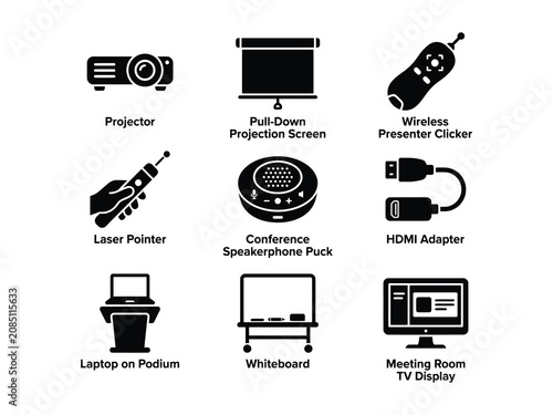 Bild auf Leinwand Set of meeting room equipment and presentation technology icons for office and b