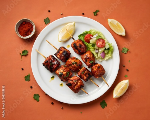 Grilled chicken skewers served on white plate with lemon garnish and salad