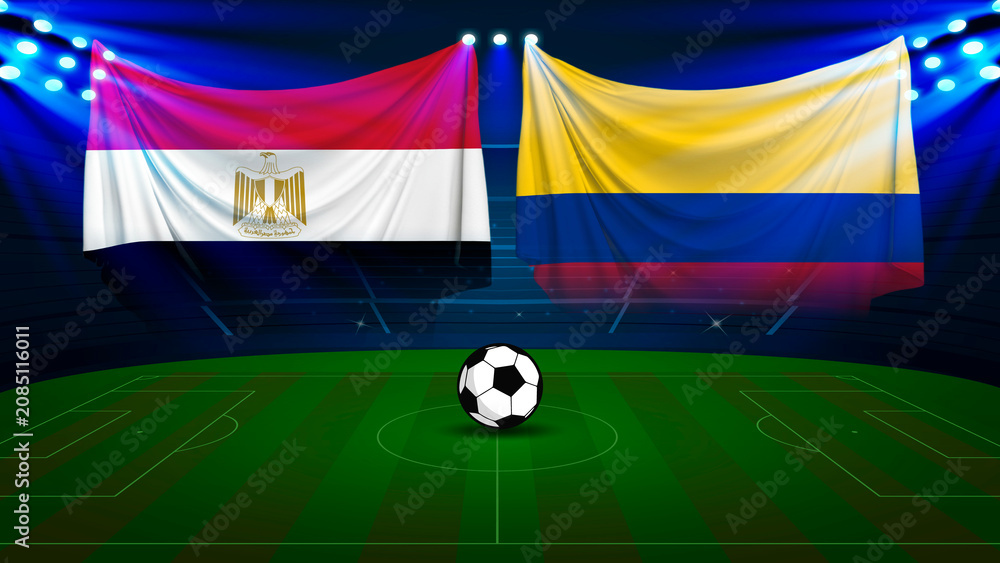 Naklejka premium Egypt versus colombia flags soccer match concept on soccer stadium with green field and bright spotlights.
