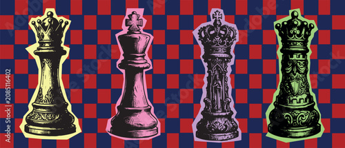 Tableau sur toile world chess day Set of four royal chess pieces in a row as a stylized sticker te