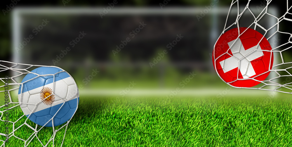 Obraz premium Soccer goals concept with Argentina and Switzerland flag balls inside net.